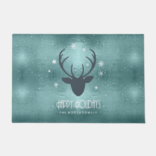 Deer Antlers Silhouette  Snowflakes Teal ID861  Doormat