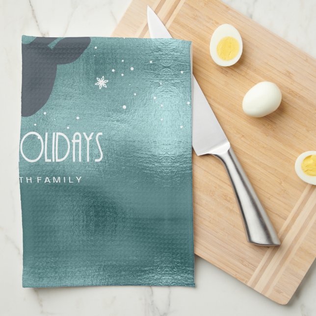 Deer Antlers Silhouette & Snowflakes Teal ID861 Kitchen Towel (Quarter Fold)