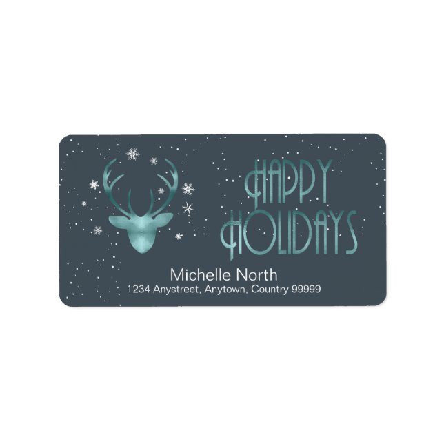 Deer Antlers Silhouette & Snowflakes Teal ID861 Label (Front)