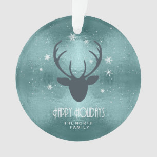 Deer Antlers Silhouette & Snowflakes Teal ID861 Ornament