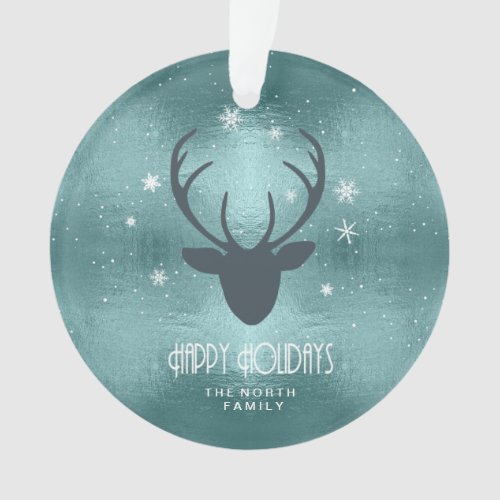 Deer Antlers Silhouette  Snowflakes Teal ID861 Ornament