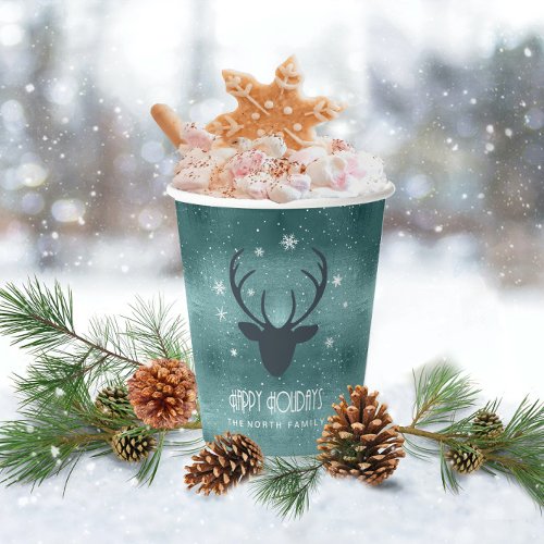 Deer Antlers Silhouette  Snowflakes Teal ID861  Paper Cups