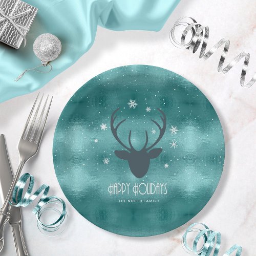 Deer Antlers Silhouette  Snowflakes Teal ID861  Paper Plates