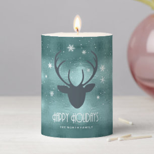 Deer Antlers Silhouette & Snowflakes Teal ID861 Pillar Candle