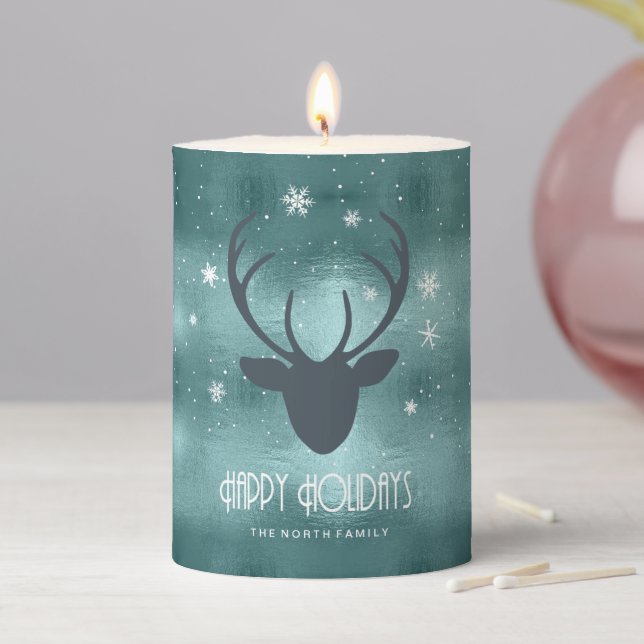 Deer Antlers Silhouette & Snowflakes Teal ID861 Pillar Candle (In Situ)