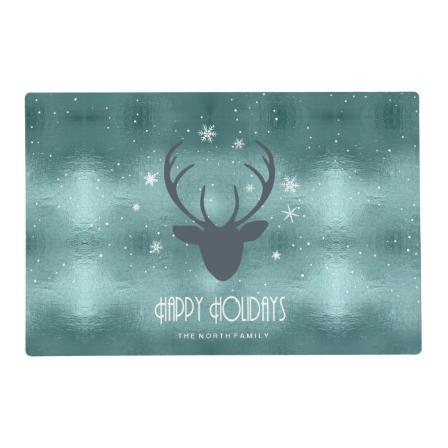 Deer Antlers Silhouette & Snowflakes Teal ID861  Placemat (Front)