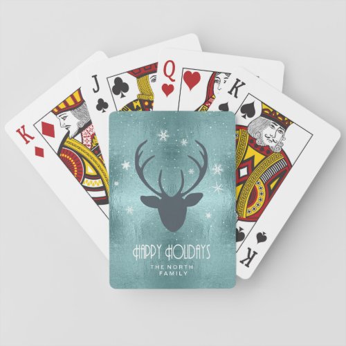 Deer Antlers Silhouette  Snowflakes Teal ID861 Playing Cards