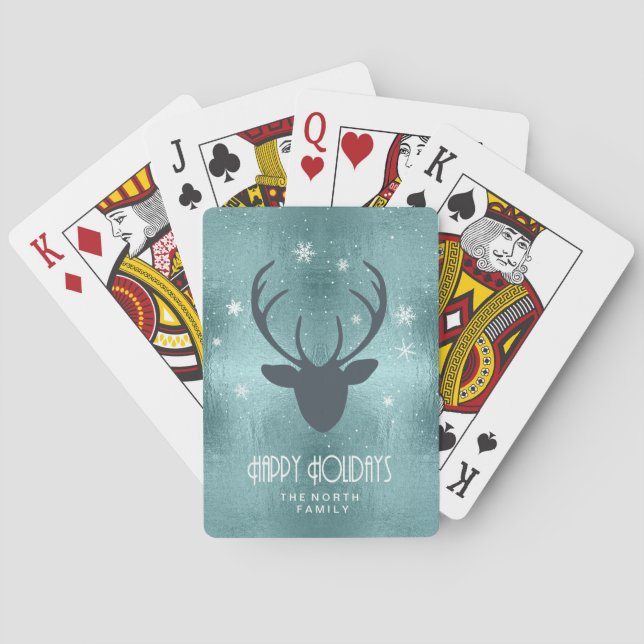 Deer Antlers Silhouette & Snowflakes Teal ID861 Poker Cards (Back)