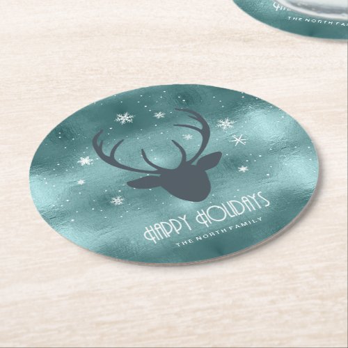 Deer Antlers Silhouette  Snowflakes Teal ID861  Round Paper Coaster