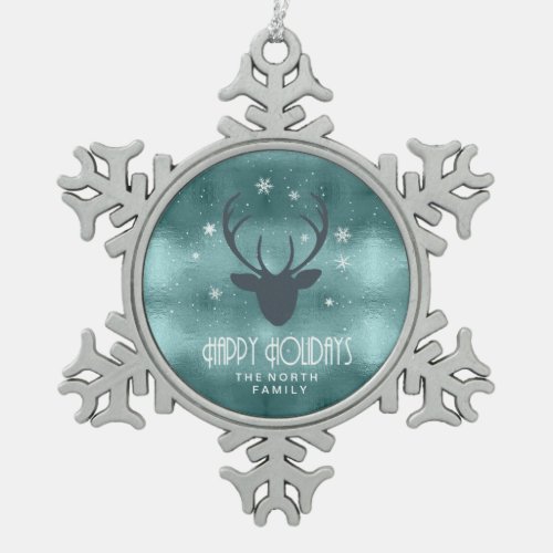 Deer Antlers Silhouette  Snowflakes Teal ID861 Snowflake Pewter Christmas Ornament