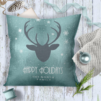 Deer Antlers Silhouette & Snowflakes Teal Id861  Throw Pillow by arrayforhome at Zazzle