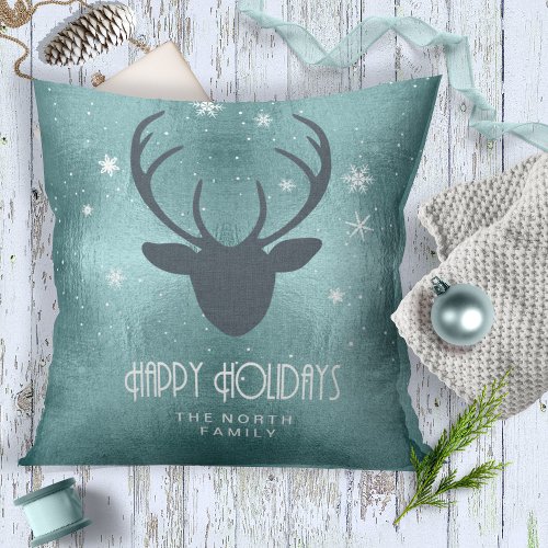 Deer Antlers Silhouette  Snowflakes Teal ID861  Throw Pillow