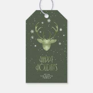 Deer Antlers & Snow Christmas Green ID861 Gift Tag