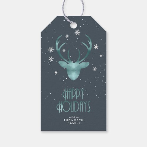 Deer Antlers  Snow Christmas Teal ID861 Gift Tags