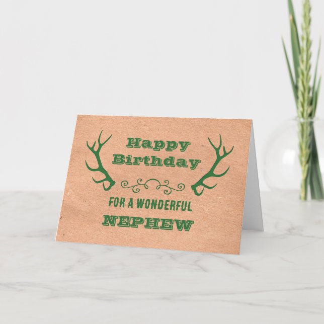Deer Antlers Vintage Nephew Birthday Card (Front)