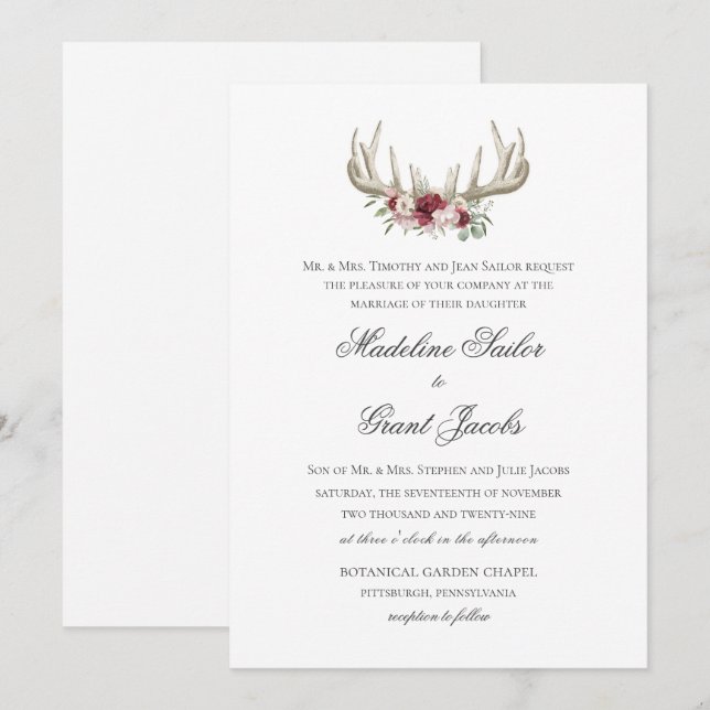 Deer Antlers Vintage Woodland Wedding Invitation (Front/Back)