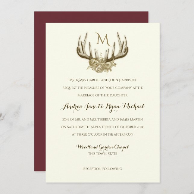 Deer Antlers Vintage Woodland Wedding Invitation (Front/Back)