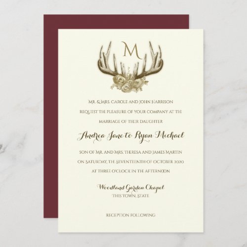 Deer Antlers Vintage Woodland Wedding Invitation