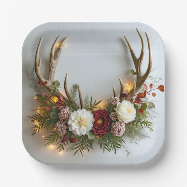 Deer Antlers Wedding Arrangement Paper Plates (Front)