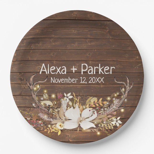 Deer Antlers Wedding Bouquet Paper Plates (Front)
