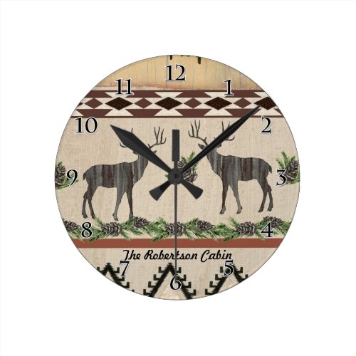 Deer Antlers Western Rustic Wooden Tribal Pattern Round Clock