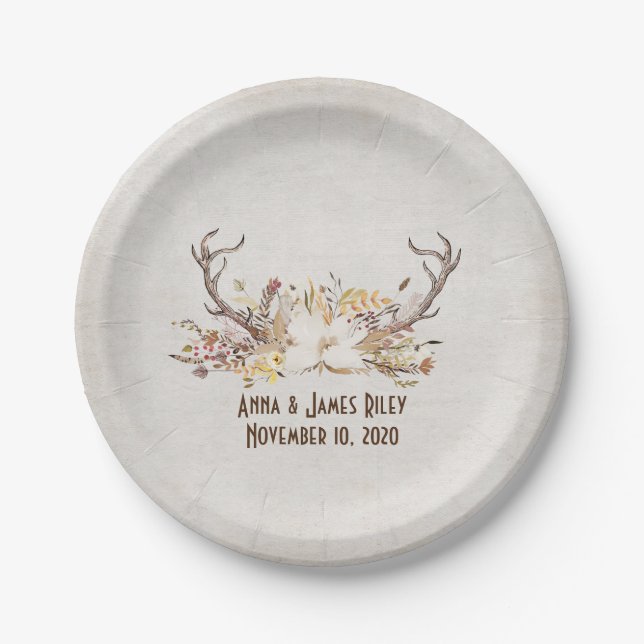 deer antlers with autumn floral bouquet paper plates (Front)