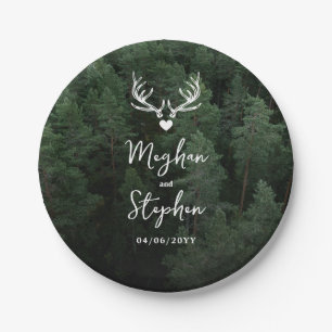 Deer Antlers Woodland Pine Tree Forest Wedding Paper Plates
