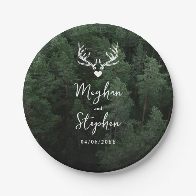 Deer Antlers Woodland Pine Tree Forest Wedding Paper Plates (Front)