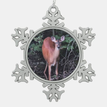 Deer At Forest Pond Pewter Snowflake Ornament