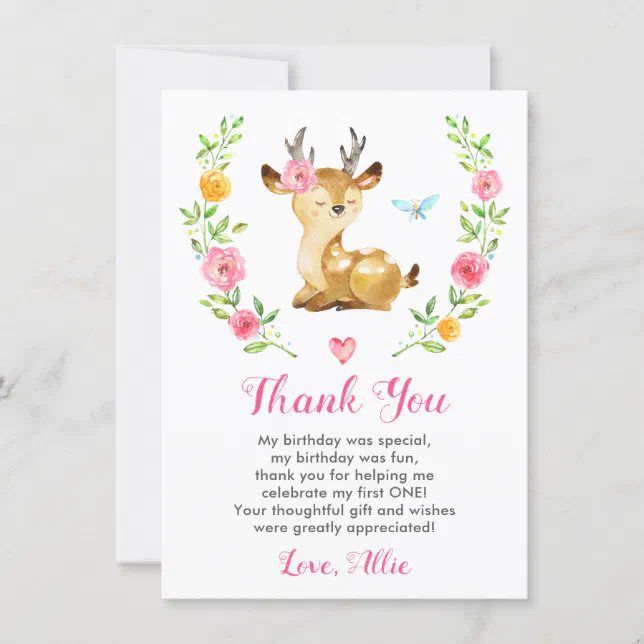 Deer Baby Girl First Birthday Party Doe Floral Thank You Card | Zazzle