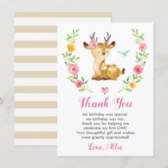 Deer Baby Girl First Birthday Party Doe Floral Thank You Card | Zazzle