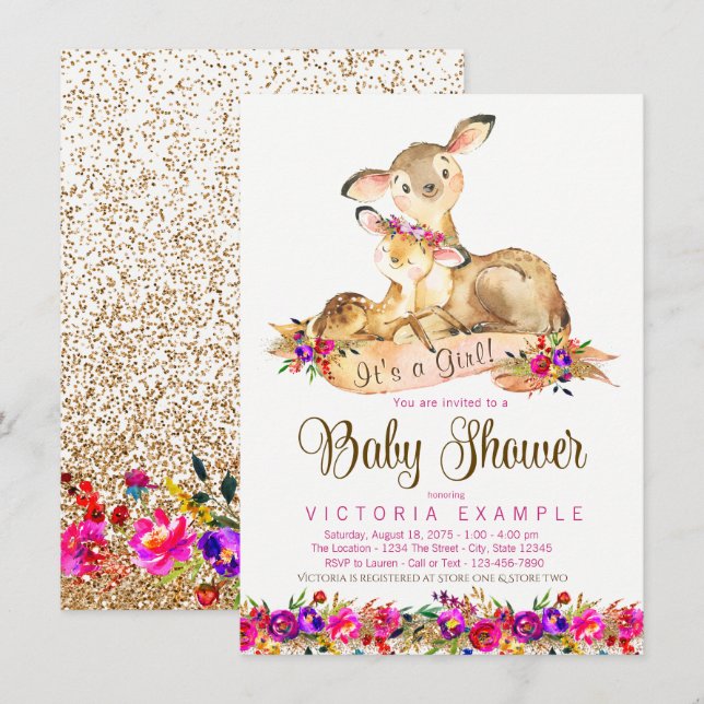 Deer Baby Girl Shower Invitations (Front/Back)