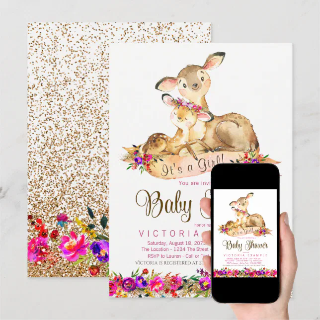 Deer Baby Girl Shower Invitations | Zazzle