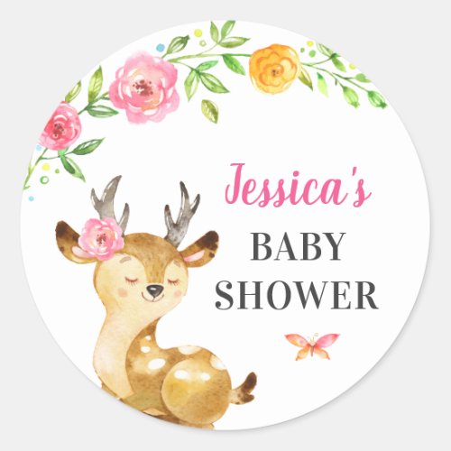 Deer Baby Girl Shower Sprinkle Guest Favor Pink Classic Round Sticker