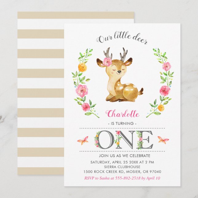 Deer Baby Girl Woodland Floral 1st First Birthday Invitation (Front/Back)