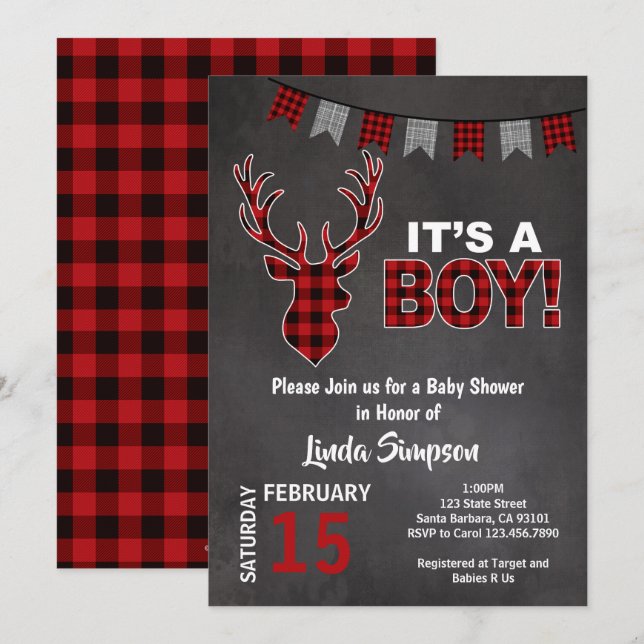Deer Baby SHOWer Buffalo Plaid Red and Gray Invitation (Front/Back)