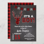 Deer Baby Shower Buffalo Plaid Red And Gray Invitation at Zazzle