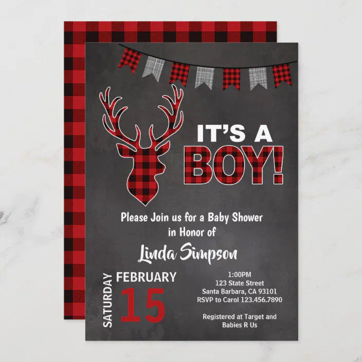 Deer SHOWer Buffalo Plaid Red and Gray Invitation | Zazzle.com