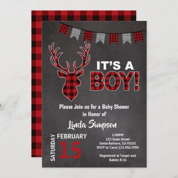Deer Baby Shower Buffalo Plaid Red And Gray Invitation by Pixabelle at Zazzle