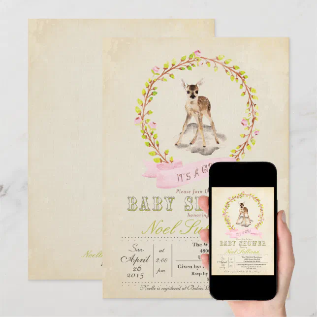 Deer Baby Shower Girl Invitation | Zazzle