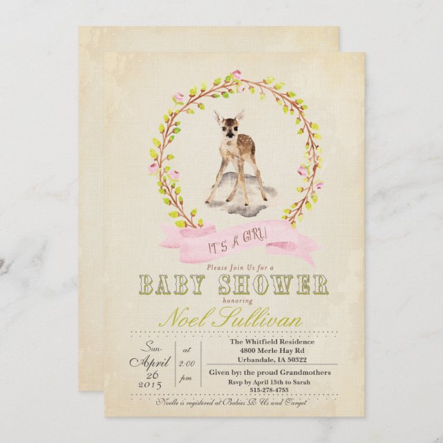 Deer Baby Shower Girl Invitation (Front/Back)