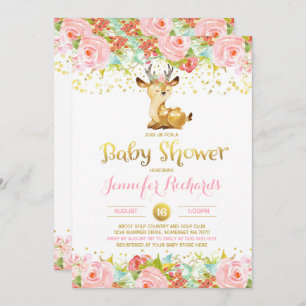 Deer Baby Shower Invitation Floral Pink & Gold