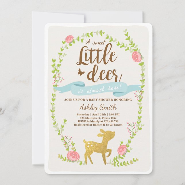 Deer baby shower invitation Woodland Boy blue (Front)