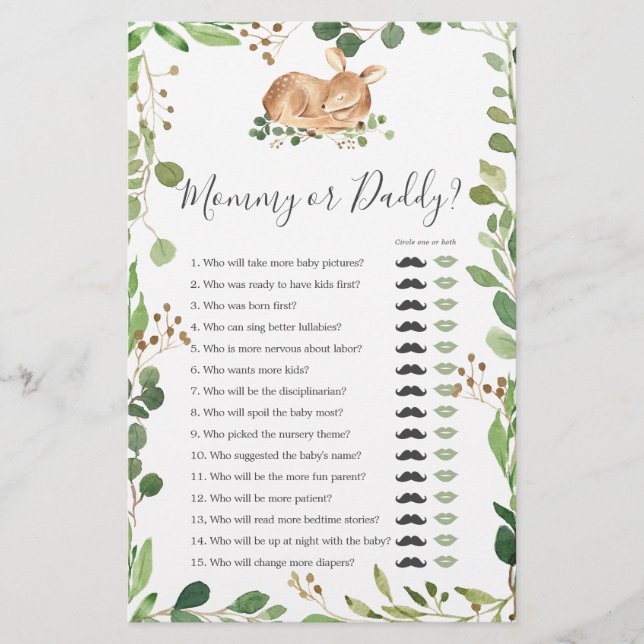 Deer Baby Shower Mommy or Daddy Game (Front)