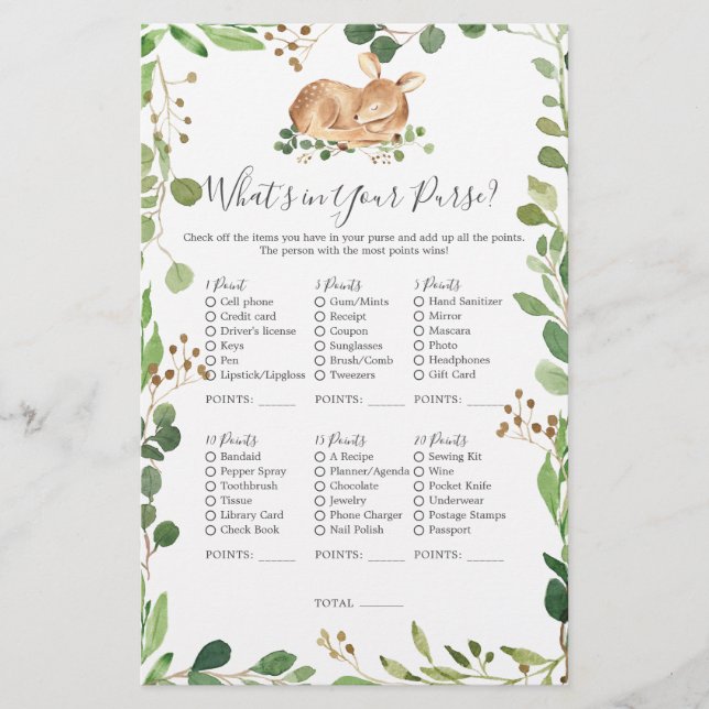 Deer Baby Shower What's in Your Purse (Front)