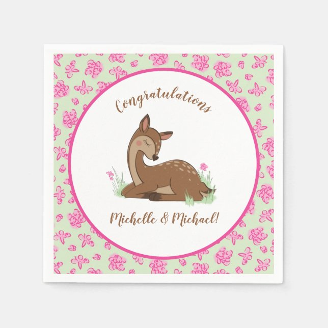 Deer Baby Shower Woodland Fawn Pink Napkins (Front)