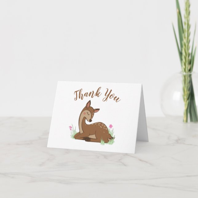 Deer Baby Shower Woodland Fawn Pink Thank You Card (Front)