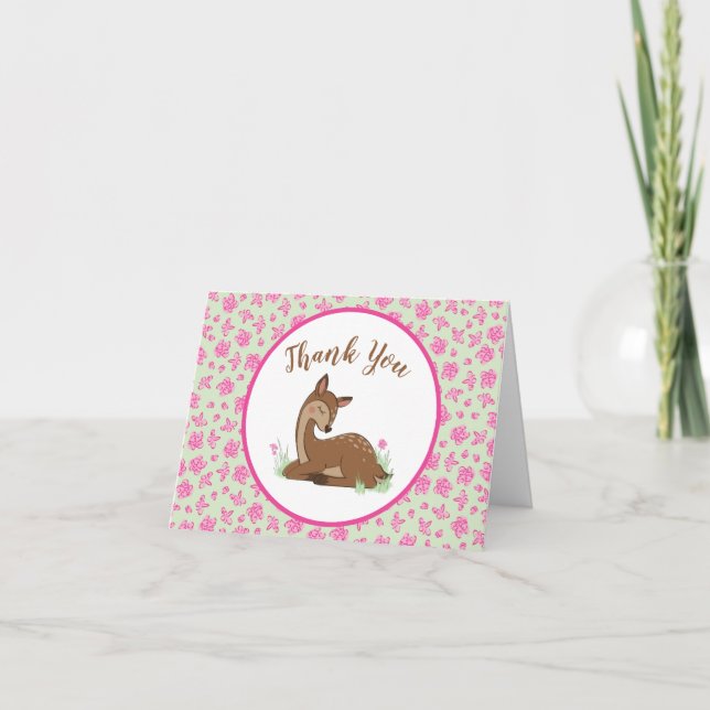 Deer Baby Shower Woodland Fawn Pink Thank You Card (Front)