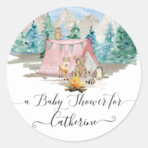 Deer Bear Forest Animals Floral Rustic Baby Shower Classic Round Sticker