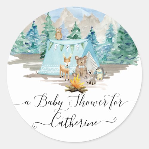 Deer Bear Forest Animals Rustic Boy Baby Shower Classic Round Sticker